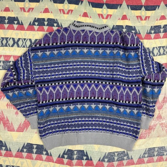 Vintage Grandpa Sweater Mens Large Gray Crewneck 90s Aztec Grunge Nubby Knit - Picture 10 of 11